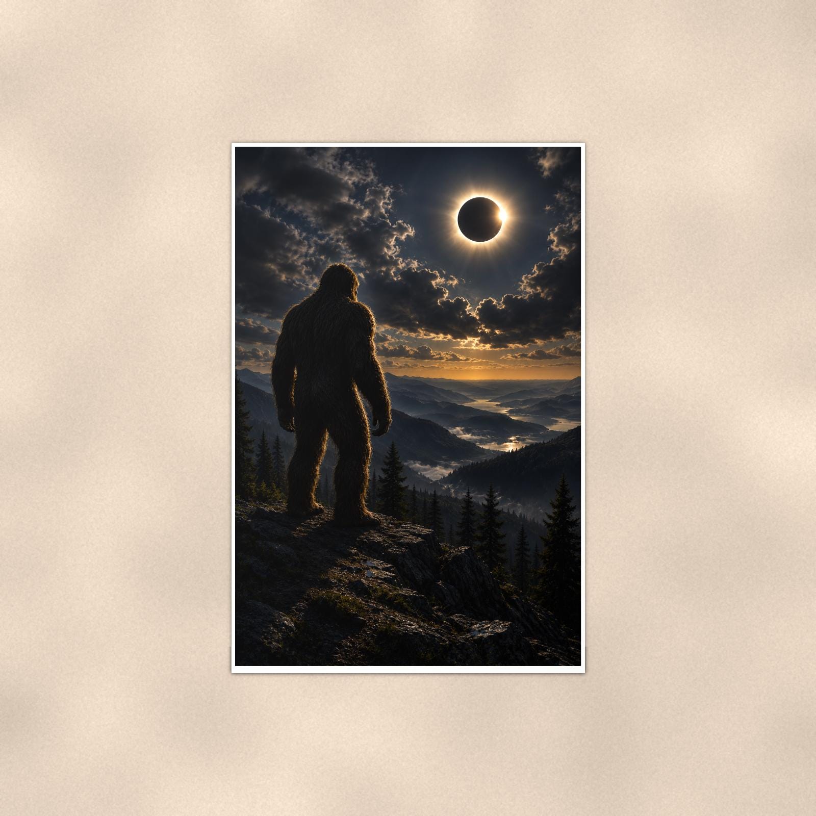 Eclipse Bigfoot — 24x36 in art print poster, premium luster paper with a white border; poster shown straight on against a warm wall.