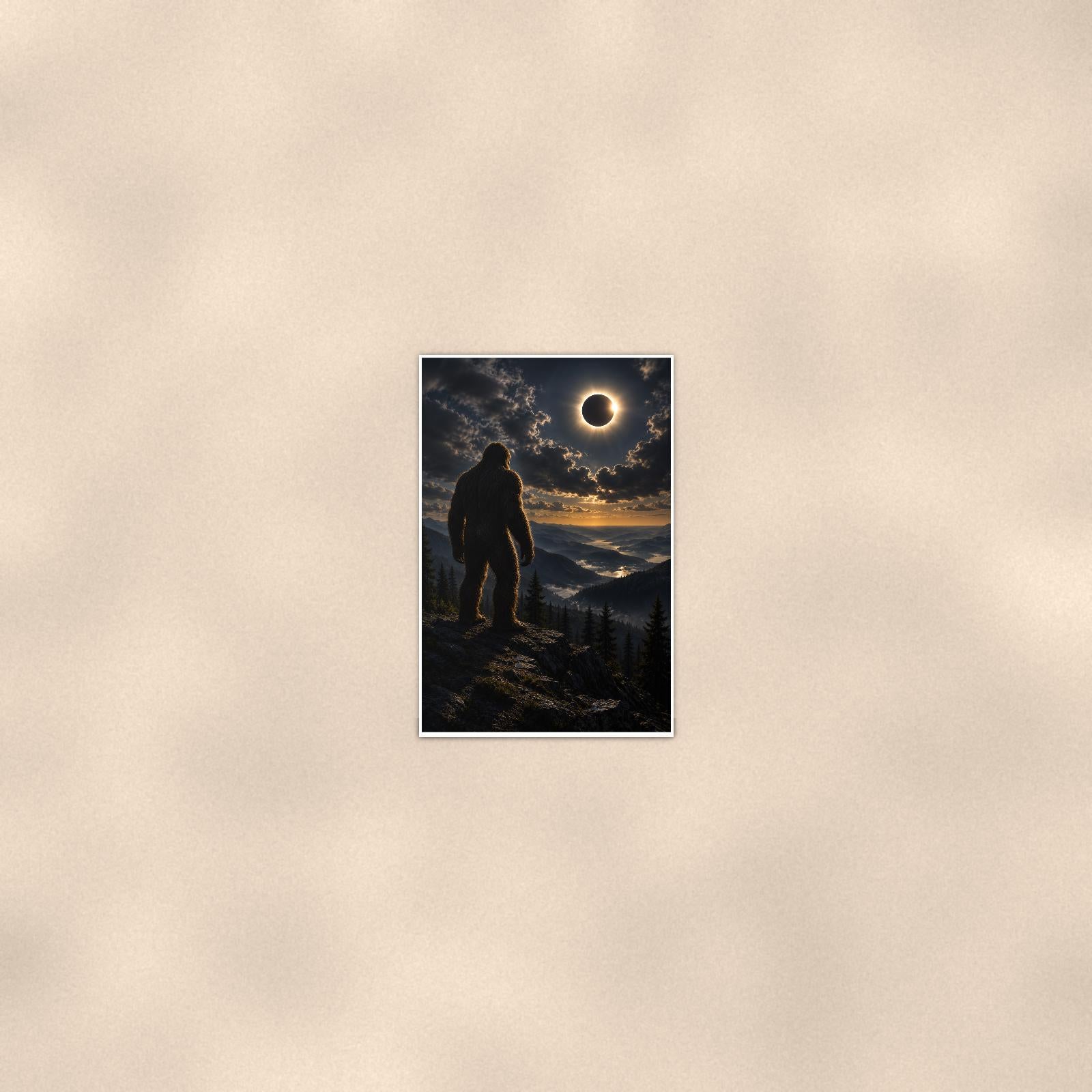 Eclipse Bigfoot — 24x36 in art print poster, premium luster paper with a white border; poster seen from further back, at true 24x36 in scale on a warm wall.