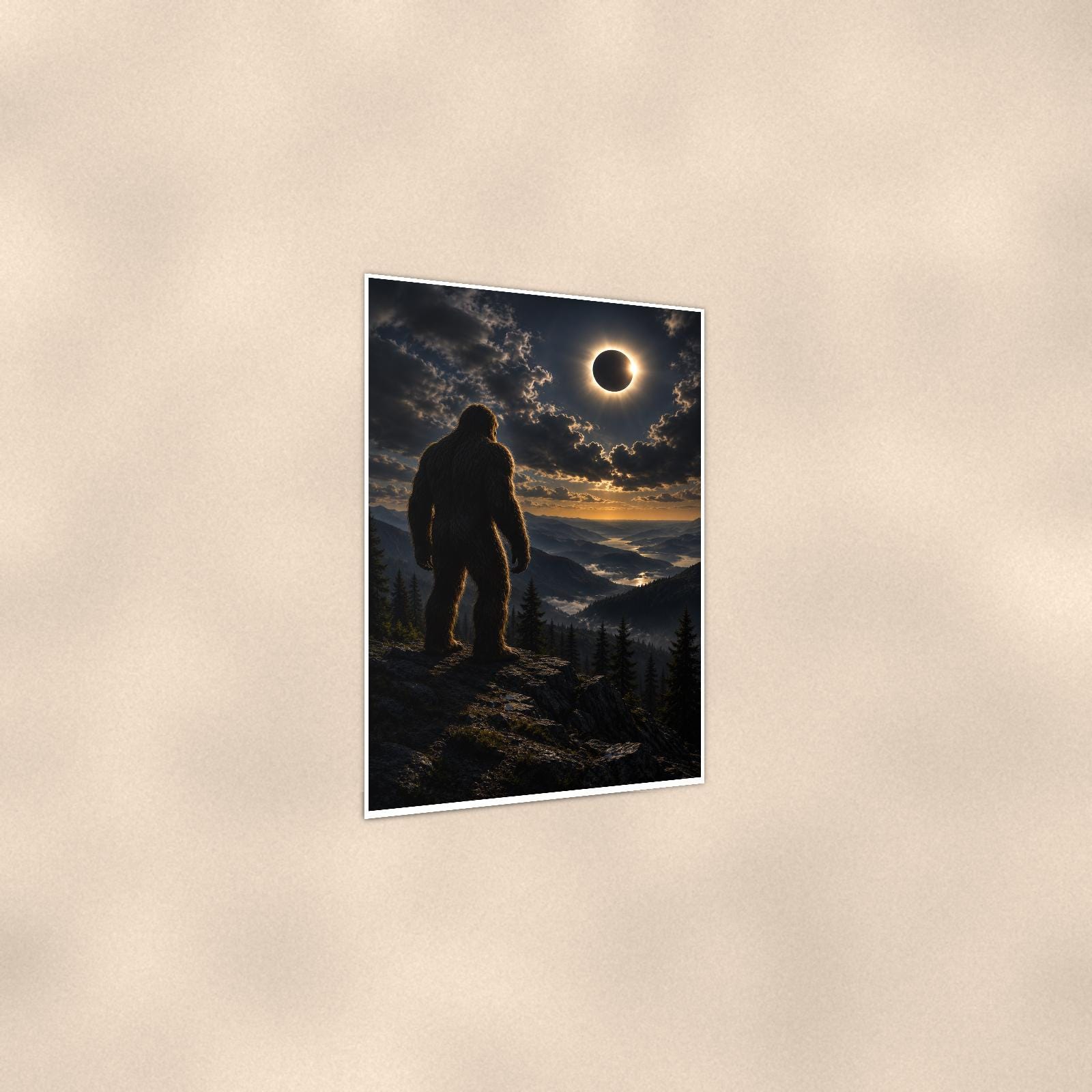 Eclipse Bigfoot — 24x36 in art print poster, premium luster paper with a white border; gentle three-quarter angle on a warm wall, showing the flat paper edge.