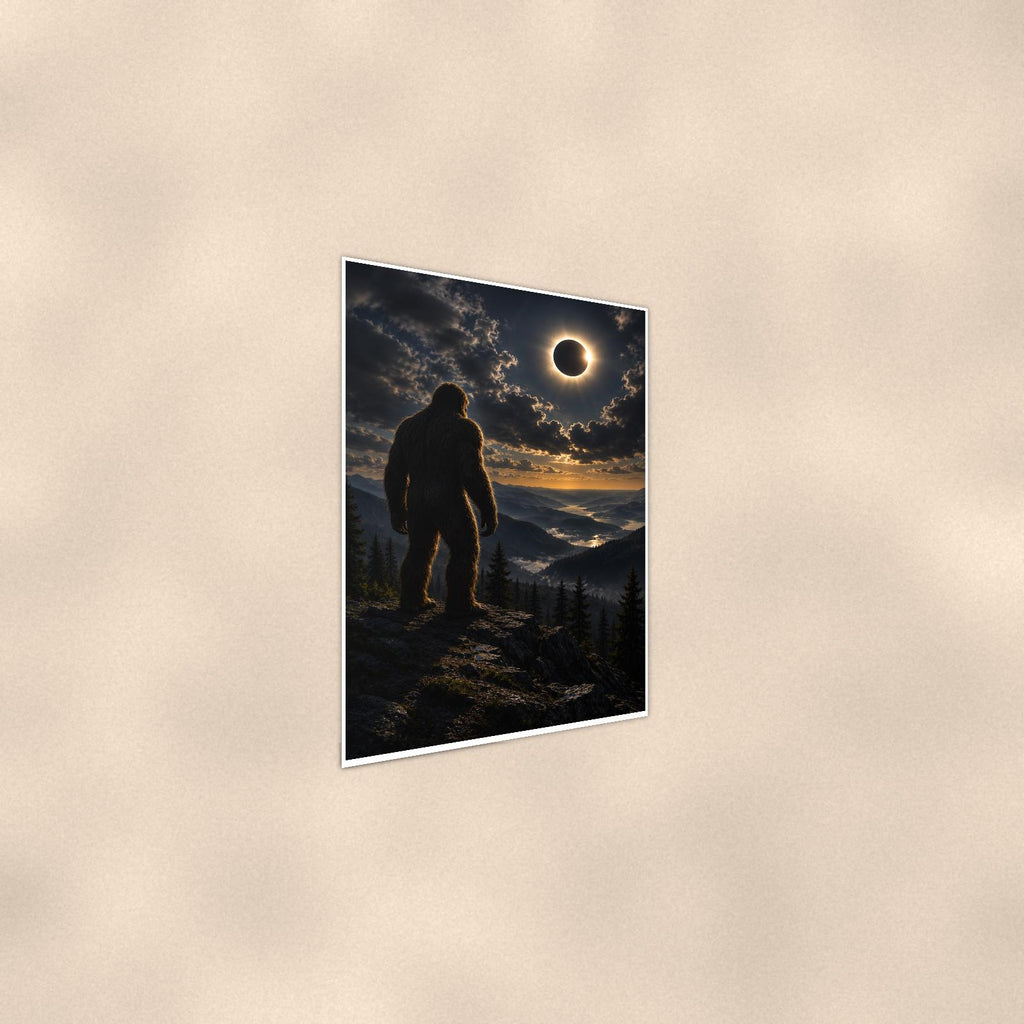 Eclipse Bigfoot — 24x36 in art print poster, premium luster paper with a white border; steeper three-quarter angle on a warm wall, catching the luster sheen.