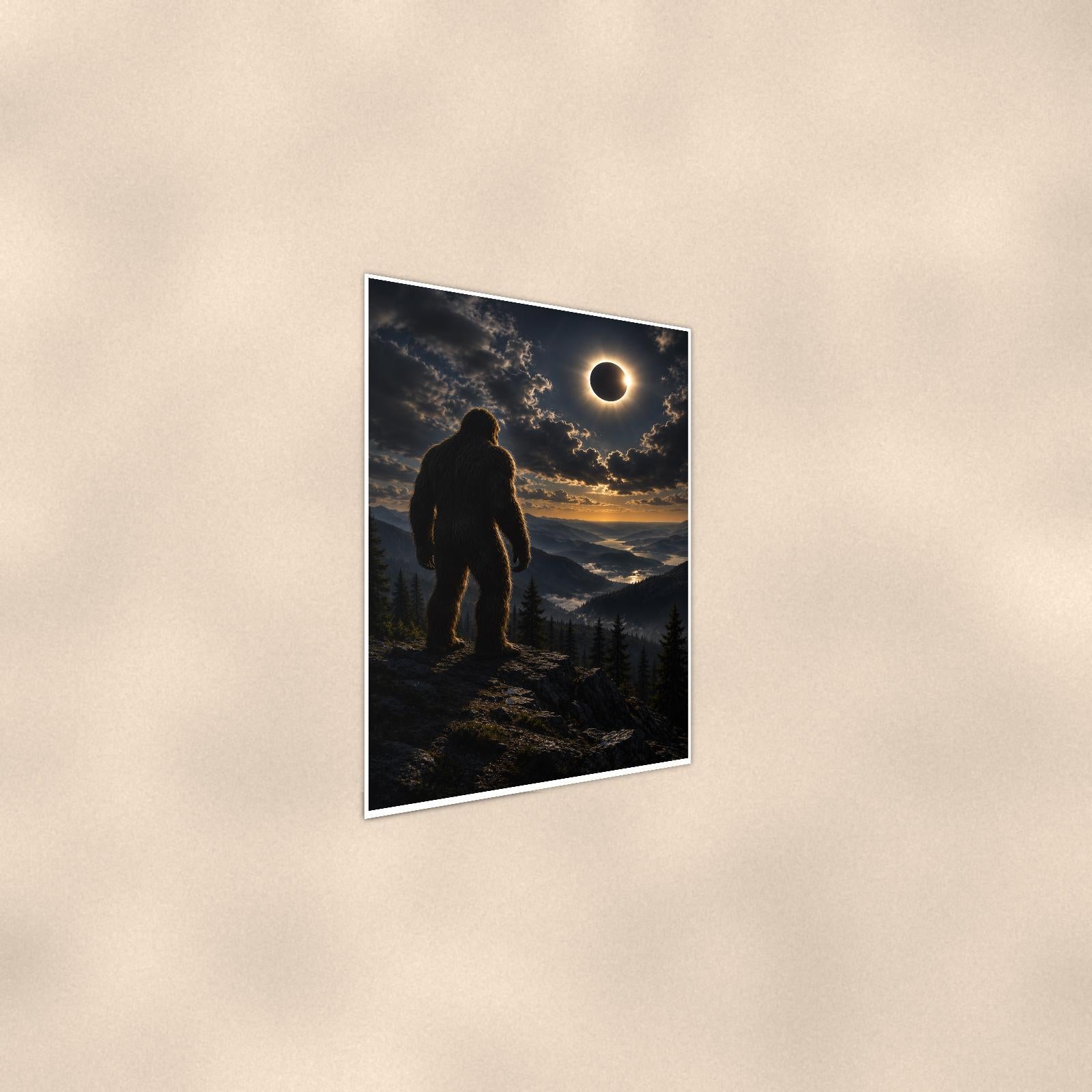 Eclipse Bigfoot — 24x36 in art print poster, premium luster paper with a white border; steeper three-quarter angle on a warm wall, catching the luster sheen.