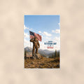 Veterans Day Bigfoot — 24x36 in art print poster, premium luster paper with a white border; poster shown straight on against a warm wall.