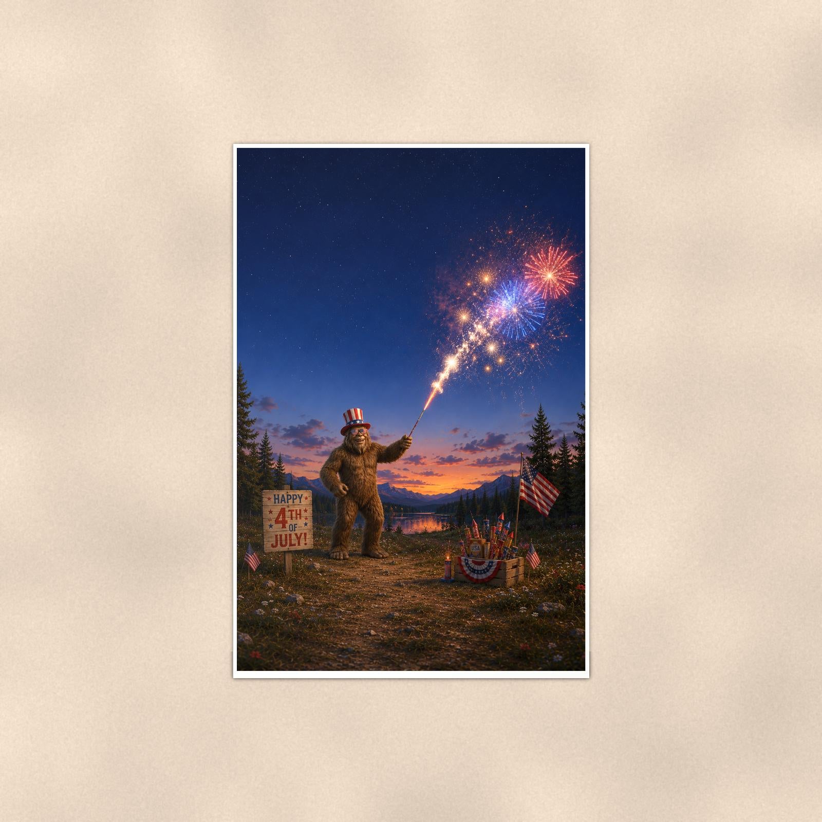 Fourth of July Bigfoot — 24x36 in art print poster, premium luster paper with a white border; poster shown straight on against a warm wall.