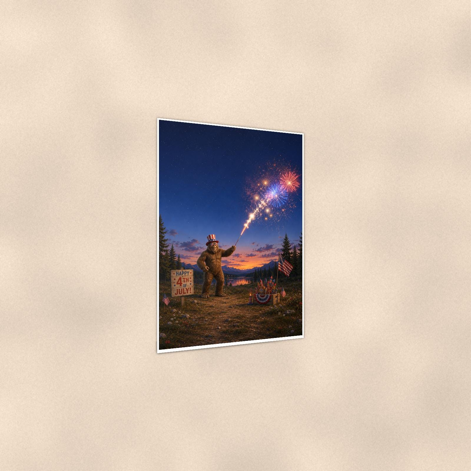 Fourth of July Bigfoot — 24x36 in art print poster, premium luster paper with a white border; gentle three-quarter angle on a warm wall, showing the flat paper edge.
