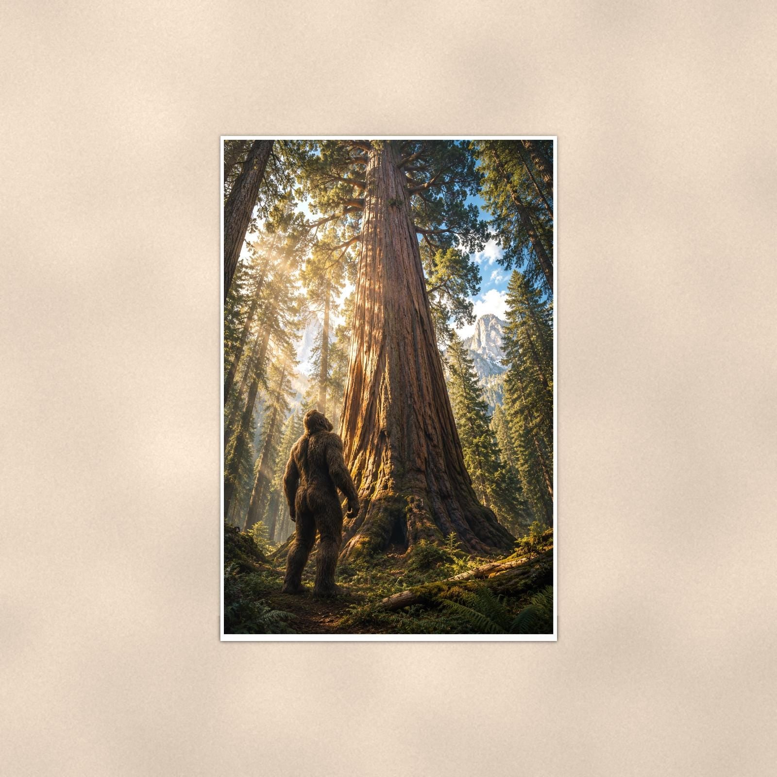 Redwood Sunbeams Bigfoot — 24x36 in art print poster, premium luster paper with a white border; poster shown straight on against a warm wall.