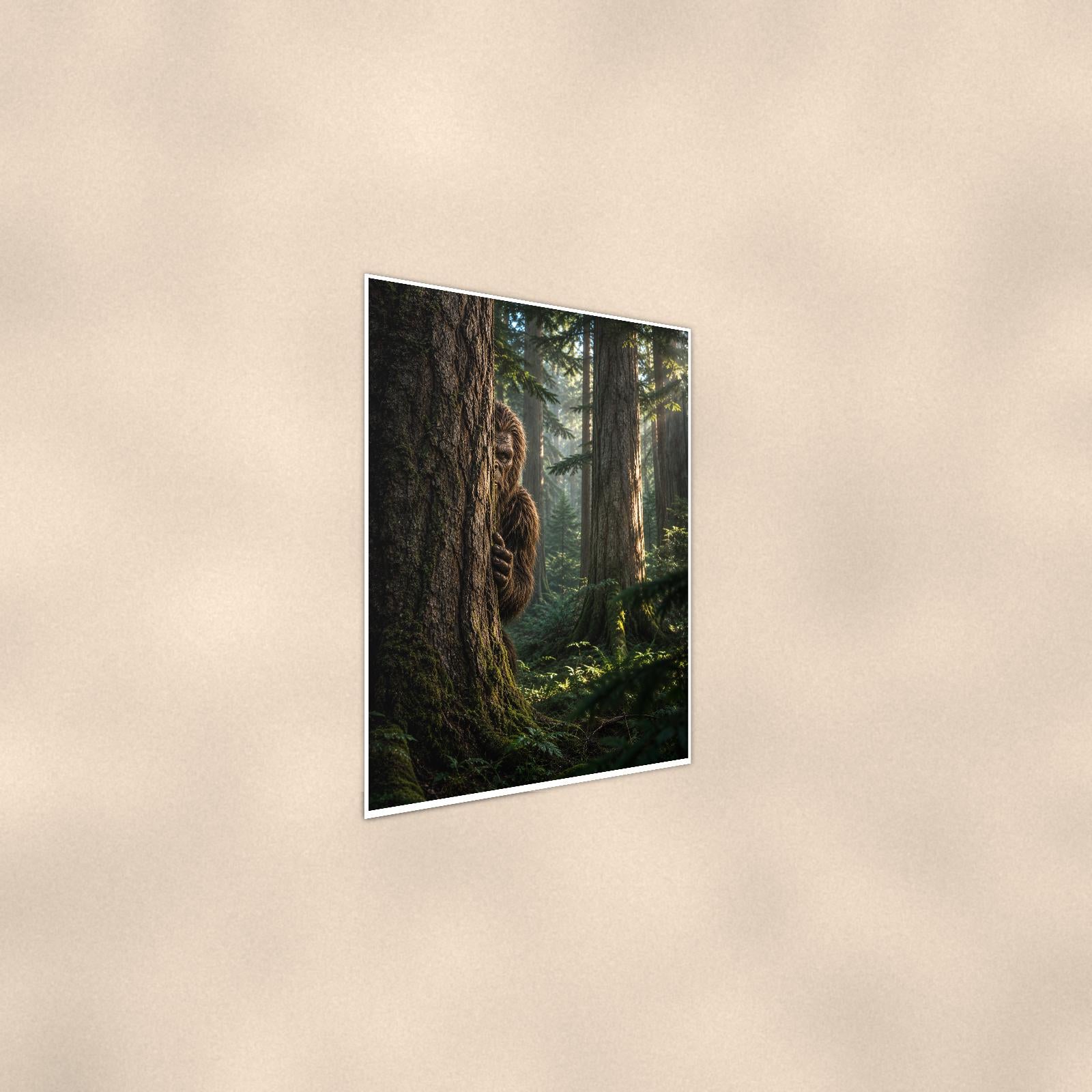 Peekaboo Pine Bigfoot — 24x36 in art print poster, premium luster paper with a white border; steeper three-quarter angle on a warm wall, catching the luster sheen.