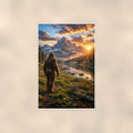 Sunset Meadow Bigfoot — 24x36 in art print poster, premium luster paper with a white border; poster shown straight on against a warm wall.