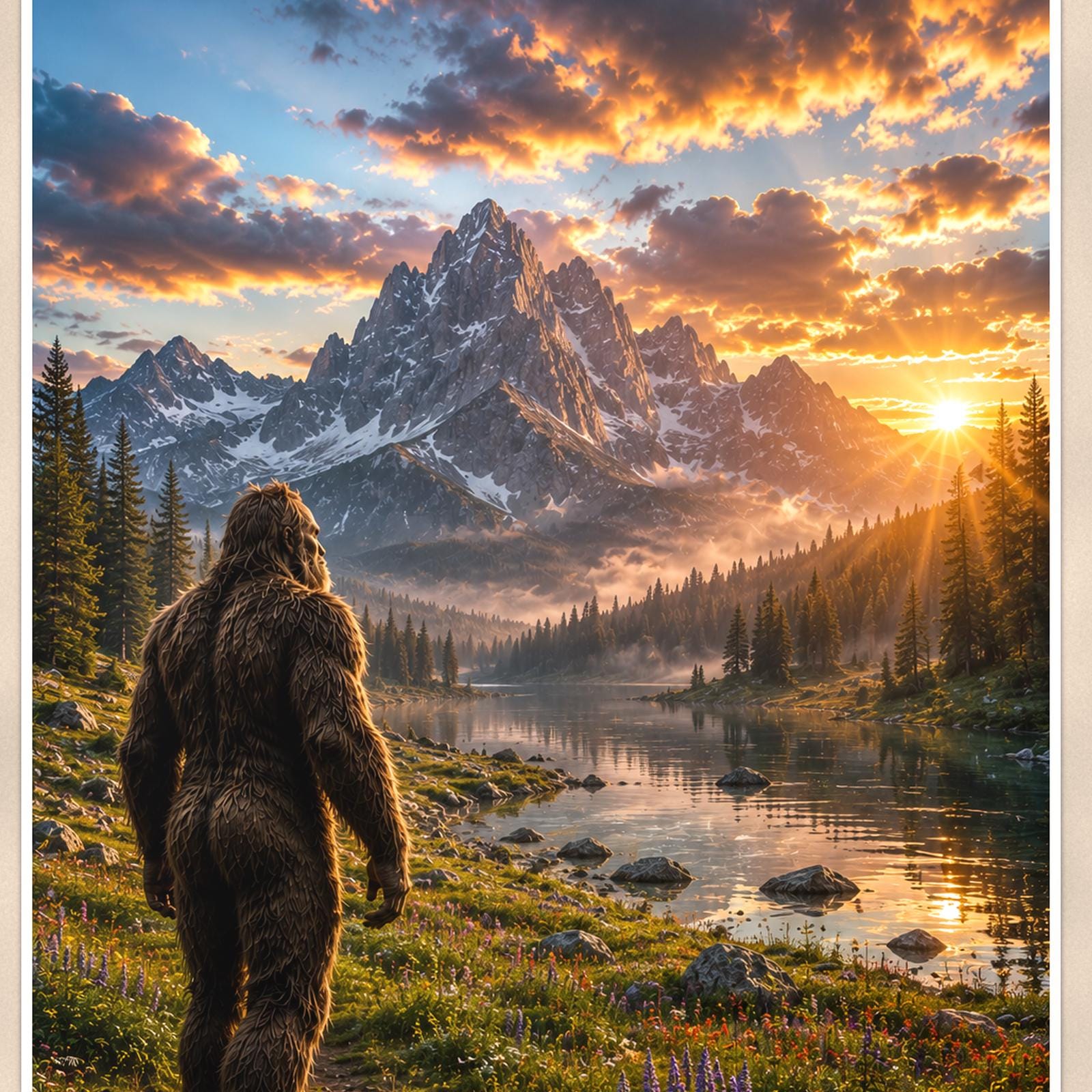 Sunset Meadow Bigfoot — 24x36 in art print poster, premium luster paper with a white border; close-up framed on the main subject of the artwork, paper surface visible.