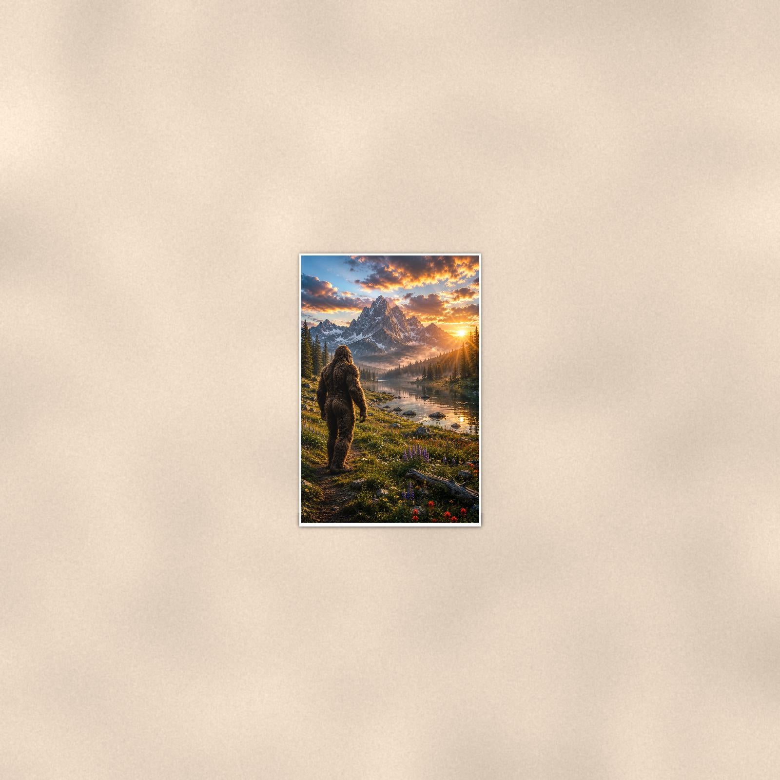 Sunset Meadow Bigfoot — 24x36 in art print poster, premium luster paper with a white border; poster seen from further back, at true 24x36 in scale on a warm wall.
