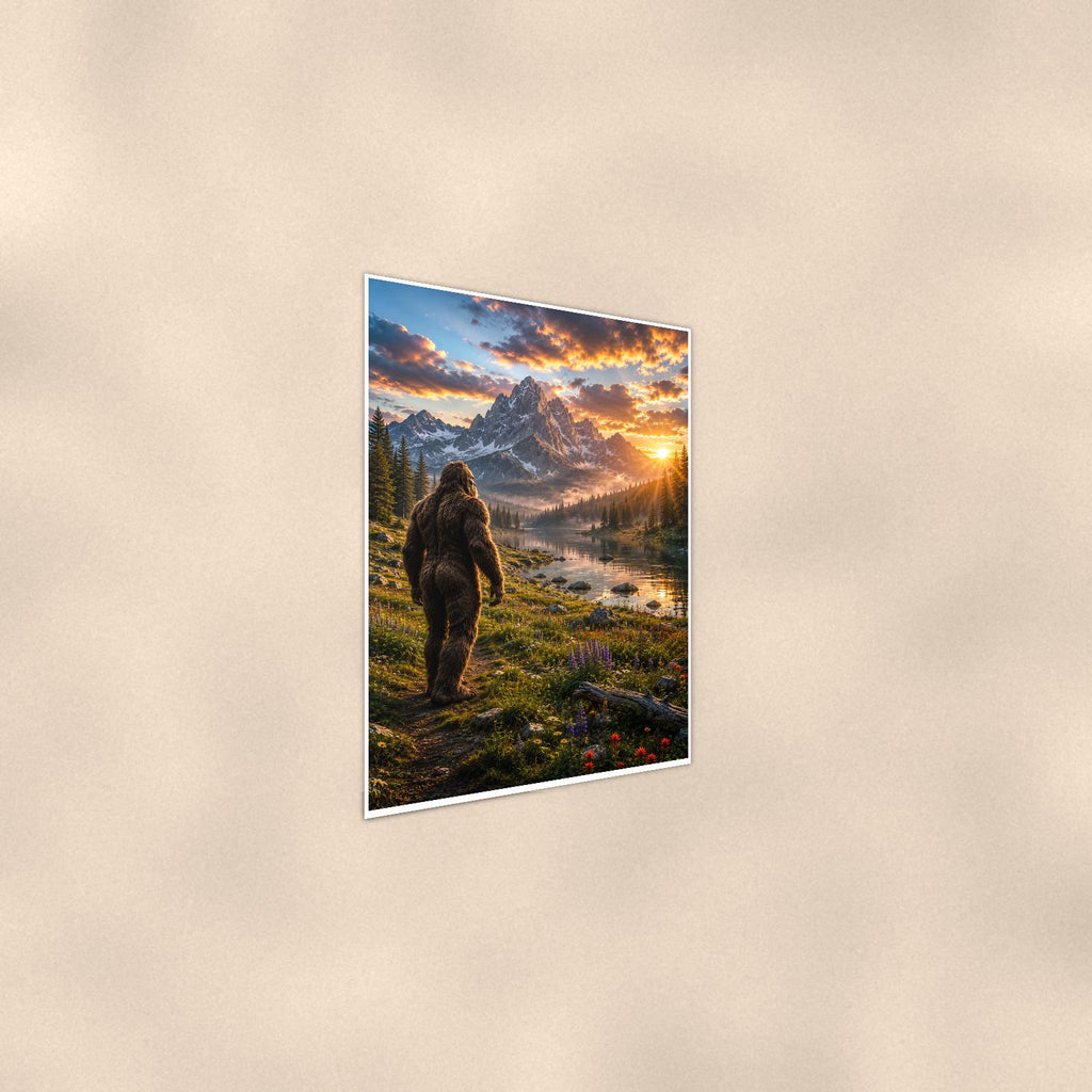 Sunset Meadow Bigfoot — 24x36 in art print poster, premium luster paper with a white border; steeper three-quarter angle on a warm wall, catching the luster sheen.
