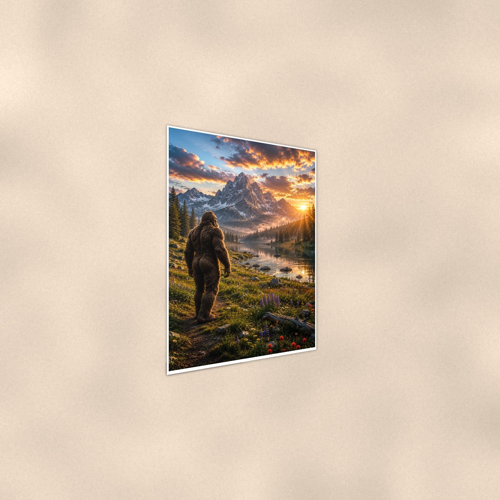 Sunset Meadow Bigfoot — 24x36 in art print poster, premium luster paper with a white border; steeper three-quarter angle on a warm wall, catching the luster sheen.