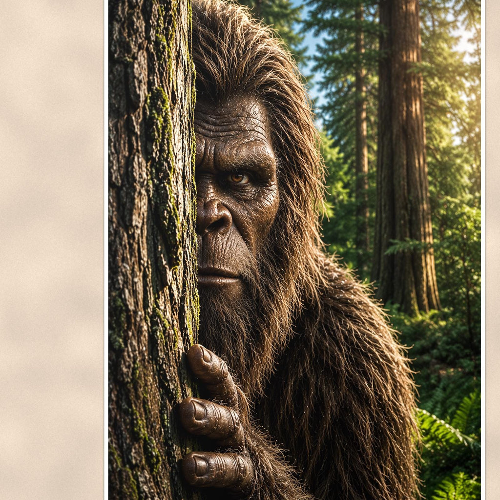 Redwood Peek Bigfoot — 24x36 in art print poster, premium luster paper with a white border; close-up framed on the main subject of the artwork, paper surface visible.