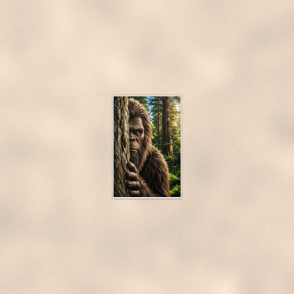 Redwood Peek Bigfoot — 24x36 in art print poster, premium luster paper with a white border; poster seen from further back, at true 24x36 in scale on a warm wall.