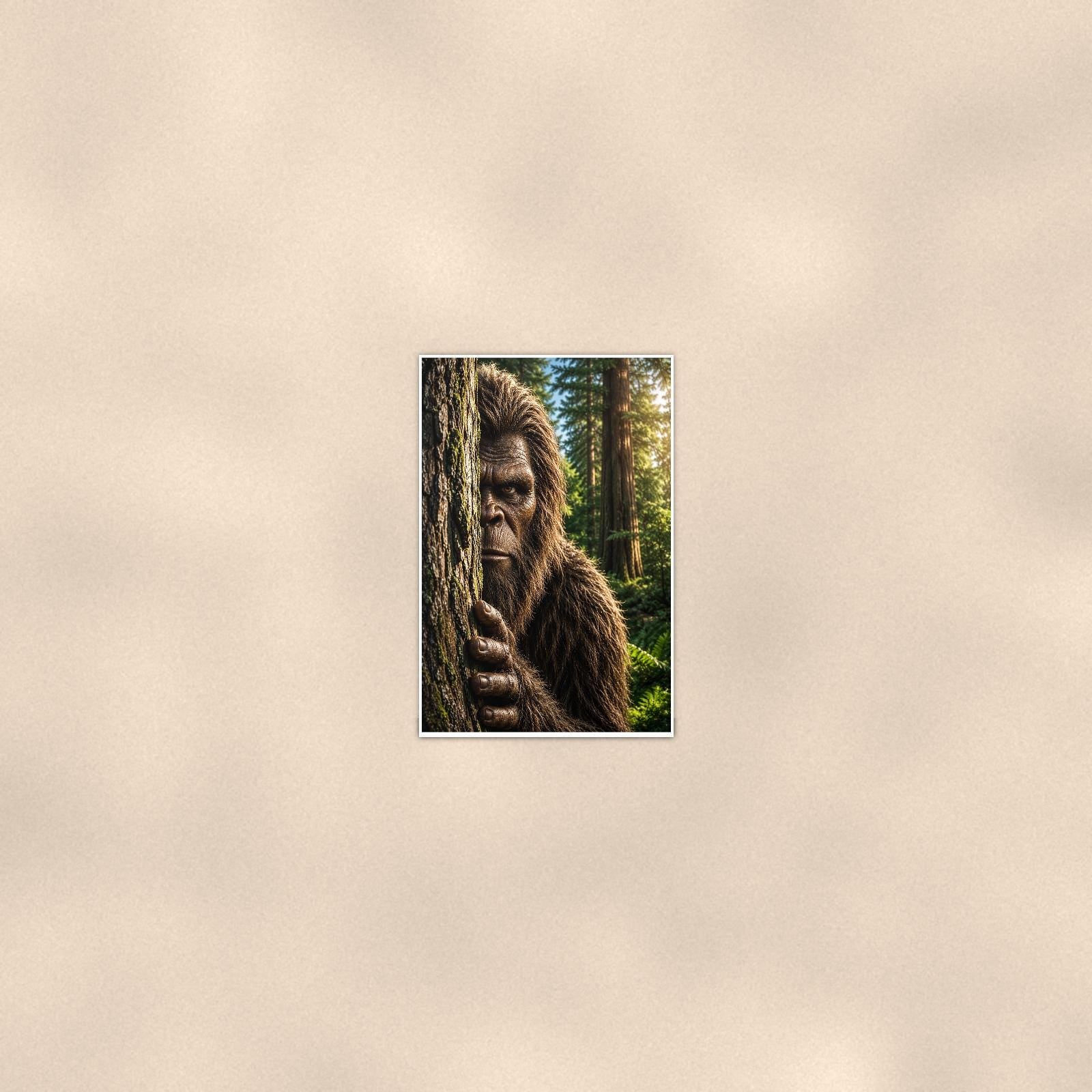 Redwood Peek Bigfoot — 24x36 in art print poster, premium luster paper with a white border; poster seen from further back, at true 24x36 in scale on a warm wall.