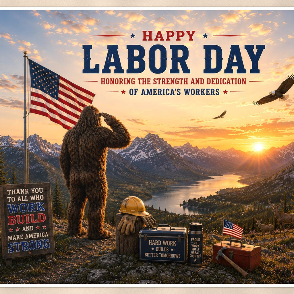 Labor Day Bigfoot — 36x24 in art print poster, premium luster paper with a white border; close-up framed on the main subject of the artwork, paper surface visible.