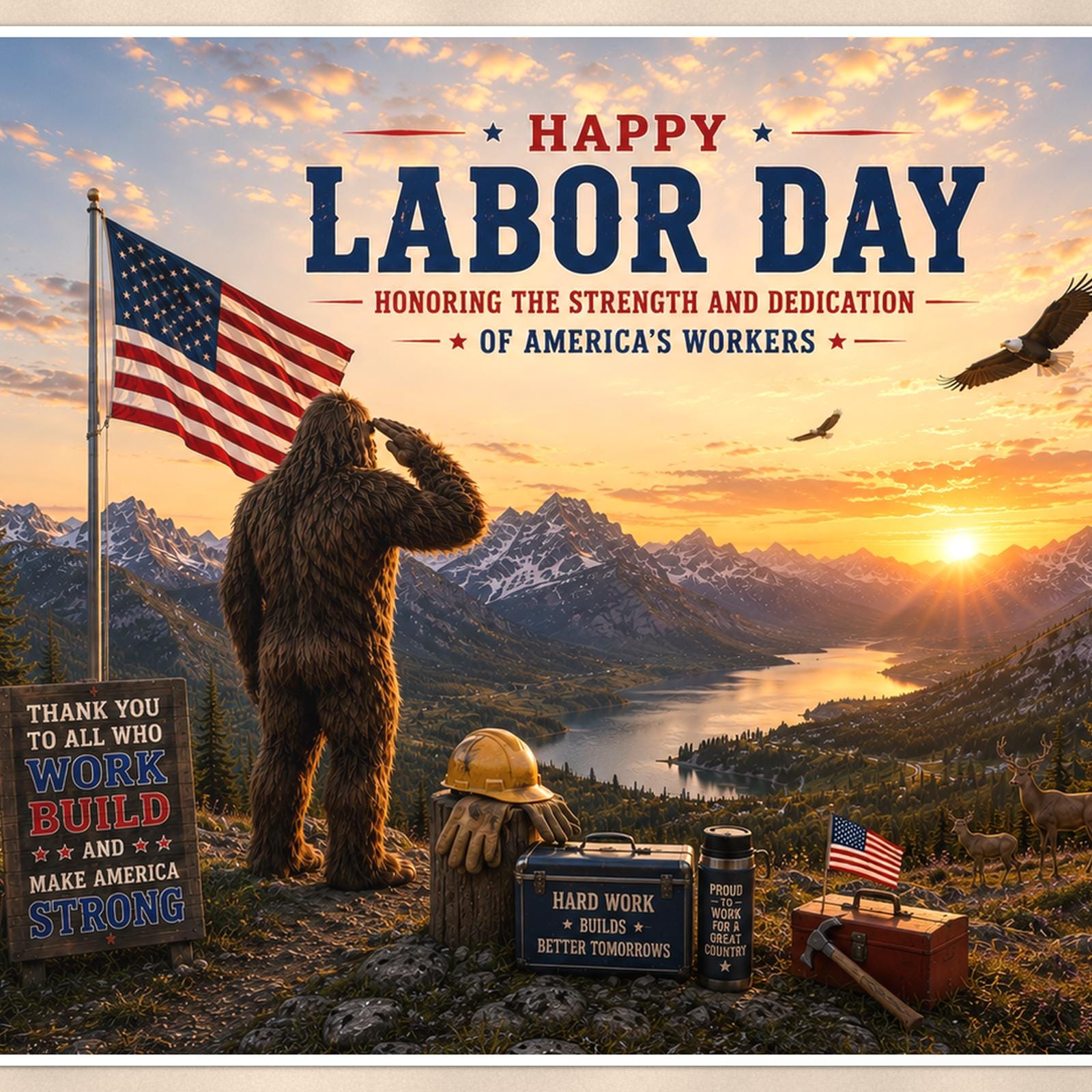 Labor Day Bigfoot — 36x24 in art print poster, premium luster paper with a white border; close-up framed on the main subject of the artwork, paper surface visible.