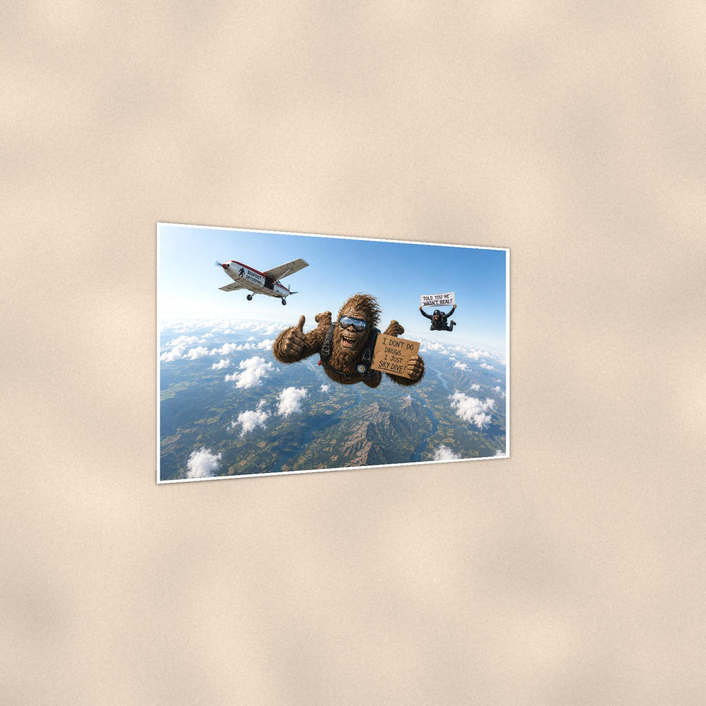 Skydiving Bigfoot — 36x24 in art print poster, premium luster paper with a white border; gentle three-quarter angle on a warm wall, showing the flat paper edge.