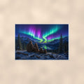 Northern Lights Bigfoot — 36x24 in art print poster, premium luster paper with a white border; poster shown straight on against a warm wall.