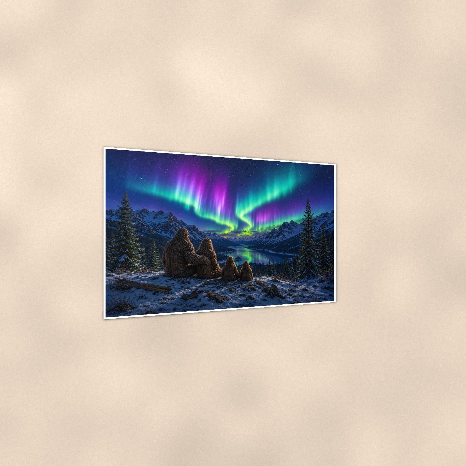 Northern Lights Bigfoot — 36x24 in art print poster, premium luster paper with a white border; gentle three-quarter angle on a warm wall, showing the flat paper edge.