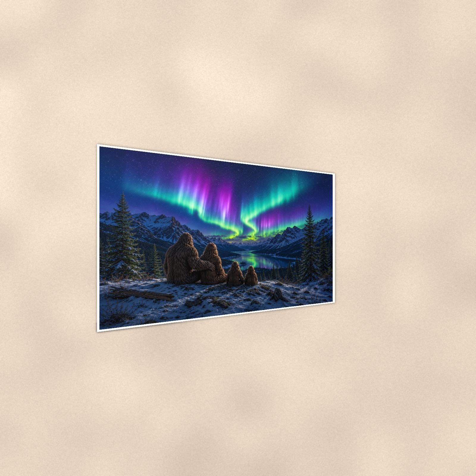 Northern Lights Bigfoot — 36x24 in art print poster, premium luster paper with a white border; steeper three-quarter angle on a warm wall, catching the luster sheen.