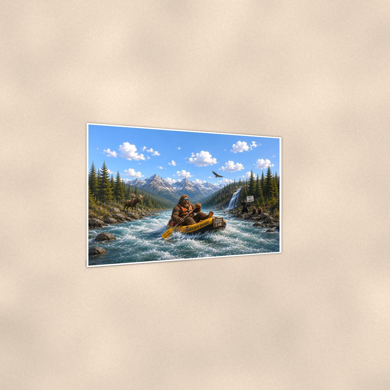 Whitewater Bigfoot — 36x24 in art print poster, premium luster paper with a white border; gentle three-quarter angle on a warm wall, showing the flat paper edge.