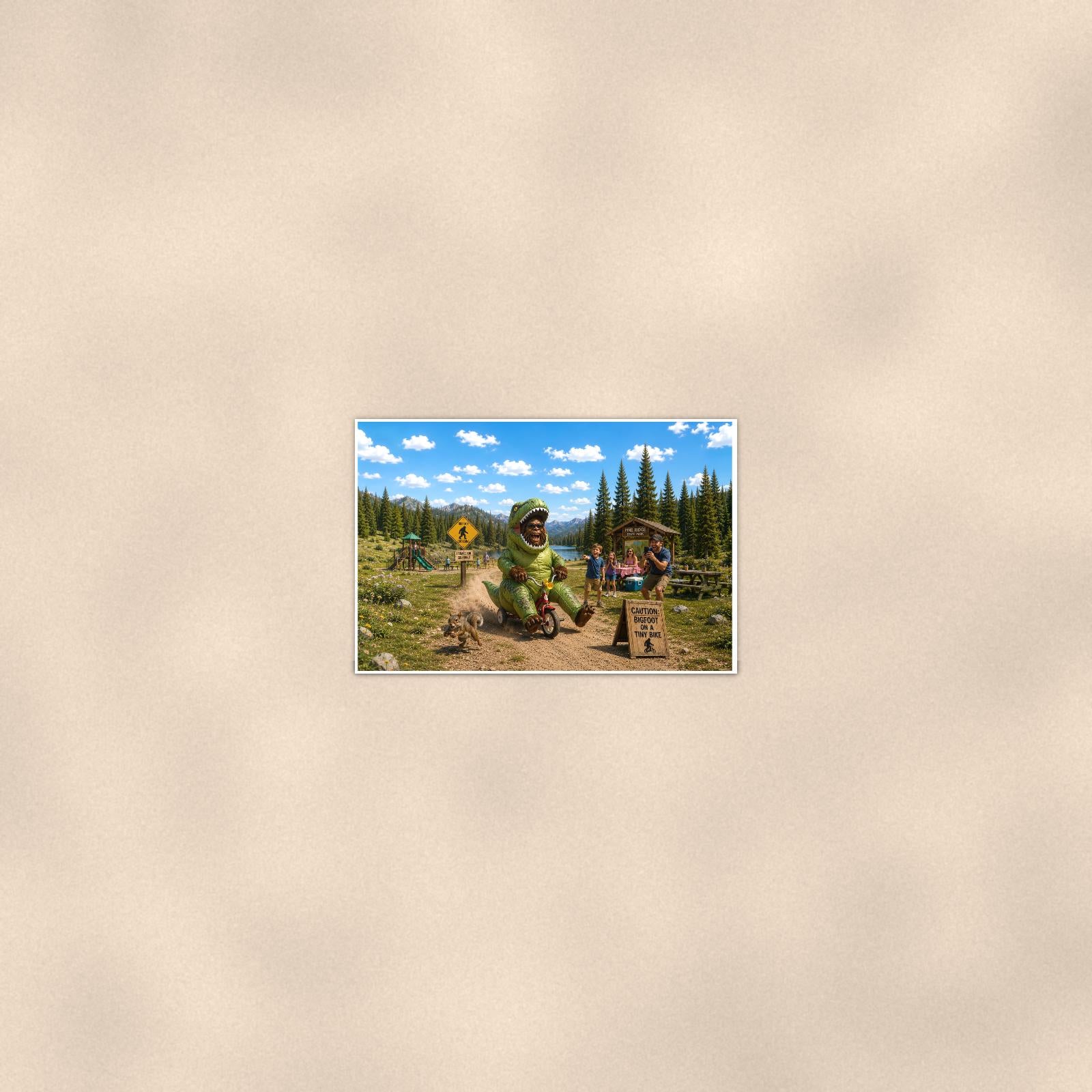 Dino Trike Bigfoot — 36x24 in art print poster, premium luster paper with a white border; poster seen from further back, at true 24x36 in scale on a warm wall.