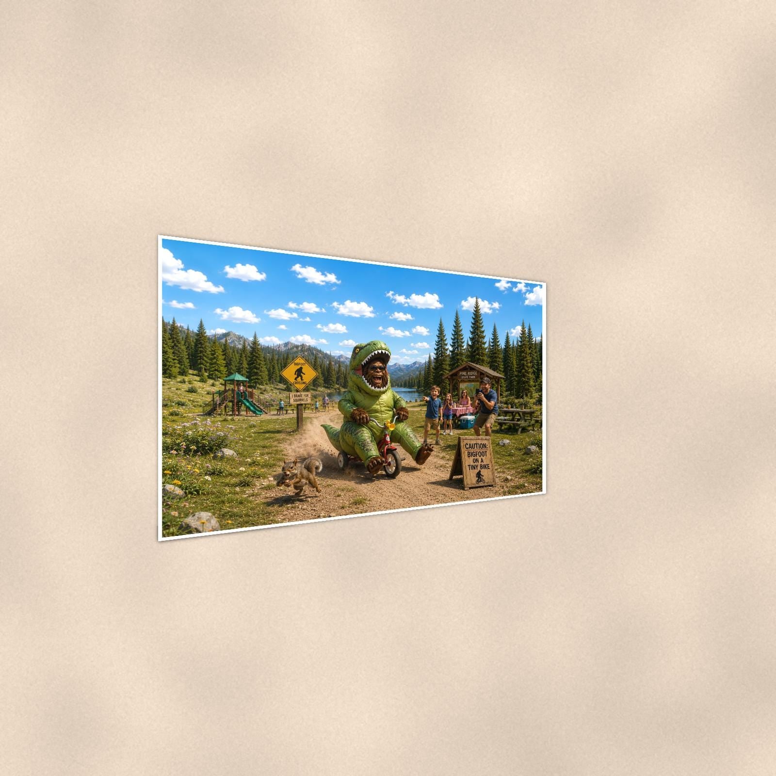 Dino Trike Bigfoot — 36x24 in art print poster, premium luster paper with a white border; steeper three-quarter angle on a warm wall, catching the luster sheen.