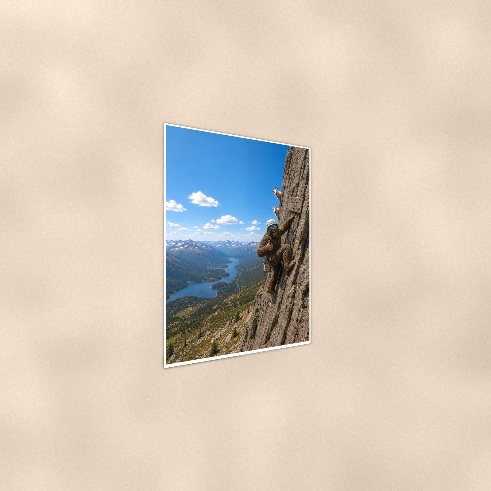 Rock Climber Bigfoot — 24x36 in art print poster, premium luster paper with a white border; steeper three-quarter angle on a warm wall, catching the luster sheen.