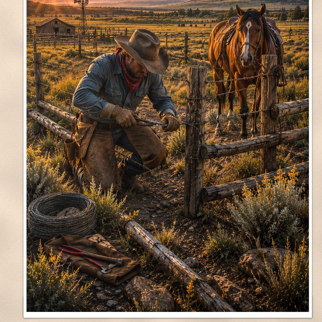 Ranch Fence Cowboy — 24x36 in art print poster, premium luster paper with a white border; close-up framed on the main subject of the artwork, paper surface visible.
