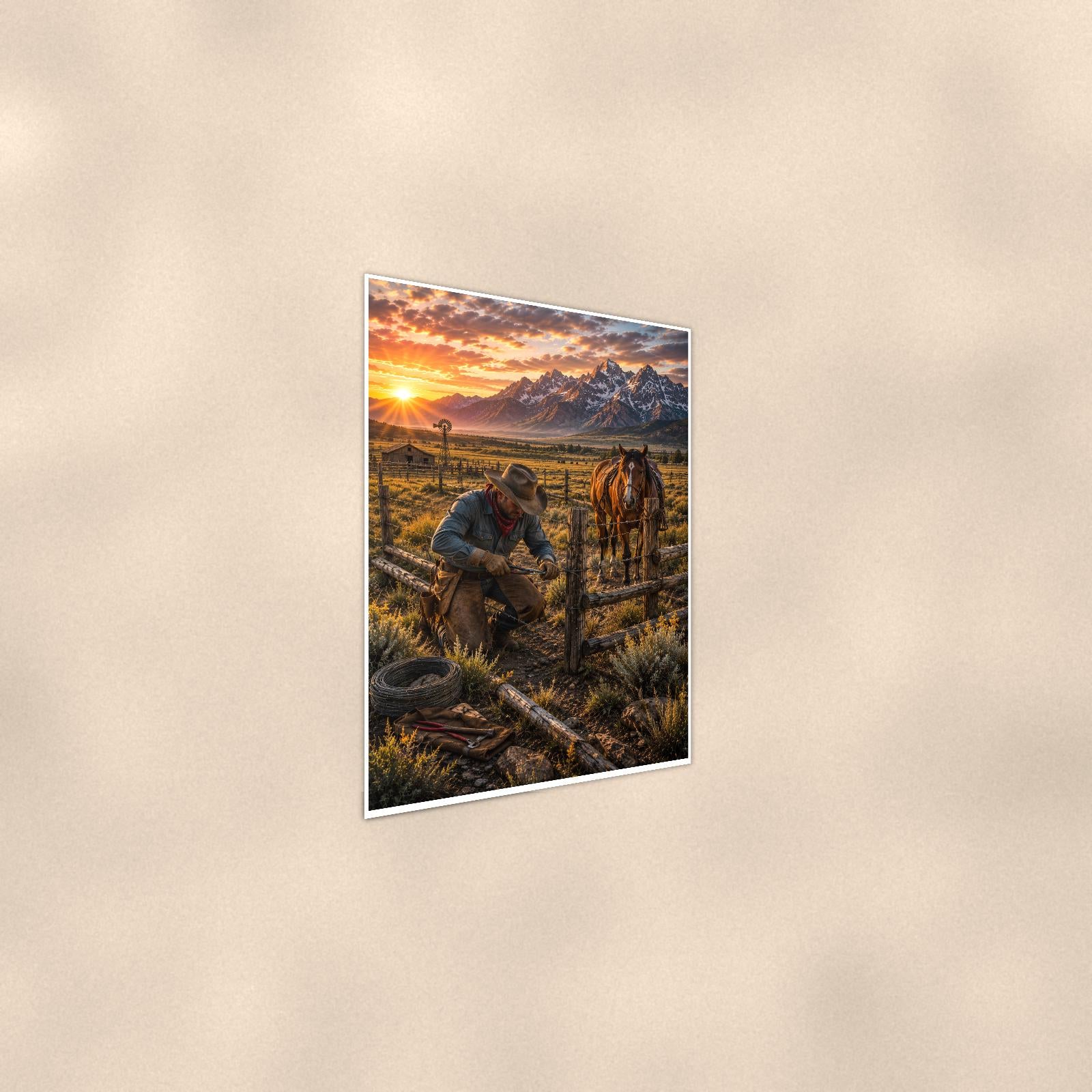 Ranch Fence Cowboy — 24x36 in art print poster, premium luster paper with a white border; steeper three-quarter angle on a warm wall, catching the luster sheen.