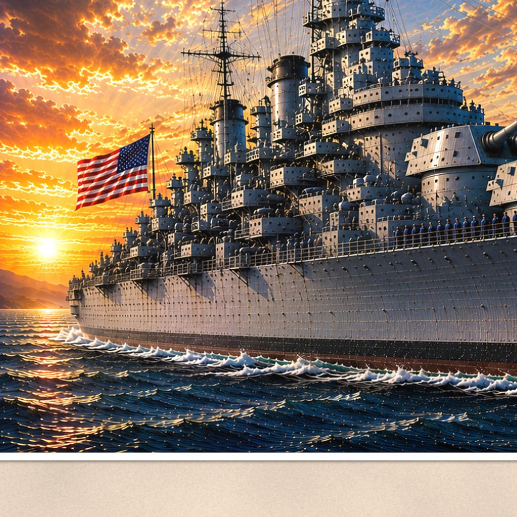 USS New Jersey Battleship — 36x24 in art print poster, premium luster paper with a white border; close-up framed on the main subject of the artwork, paper surface visible.