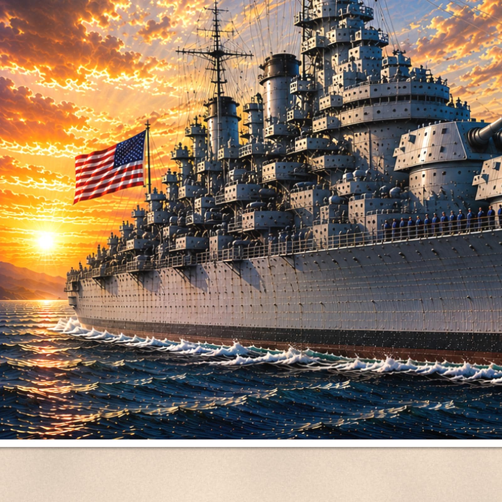 USS New Jersey Battleship — 36x24 in art print poster, premium luster paper with a white border; close-up framed on the main subject of the artwork, paper surface visible.