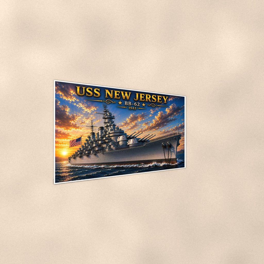 USS New Jersey Battleship — 36x24 in art print poster, premium luster paper with a white border; steeper three-quarter angle on a warm wall, catching the luster sheen.