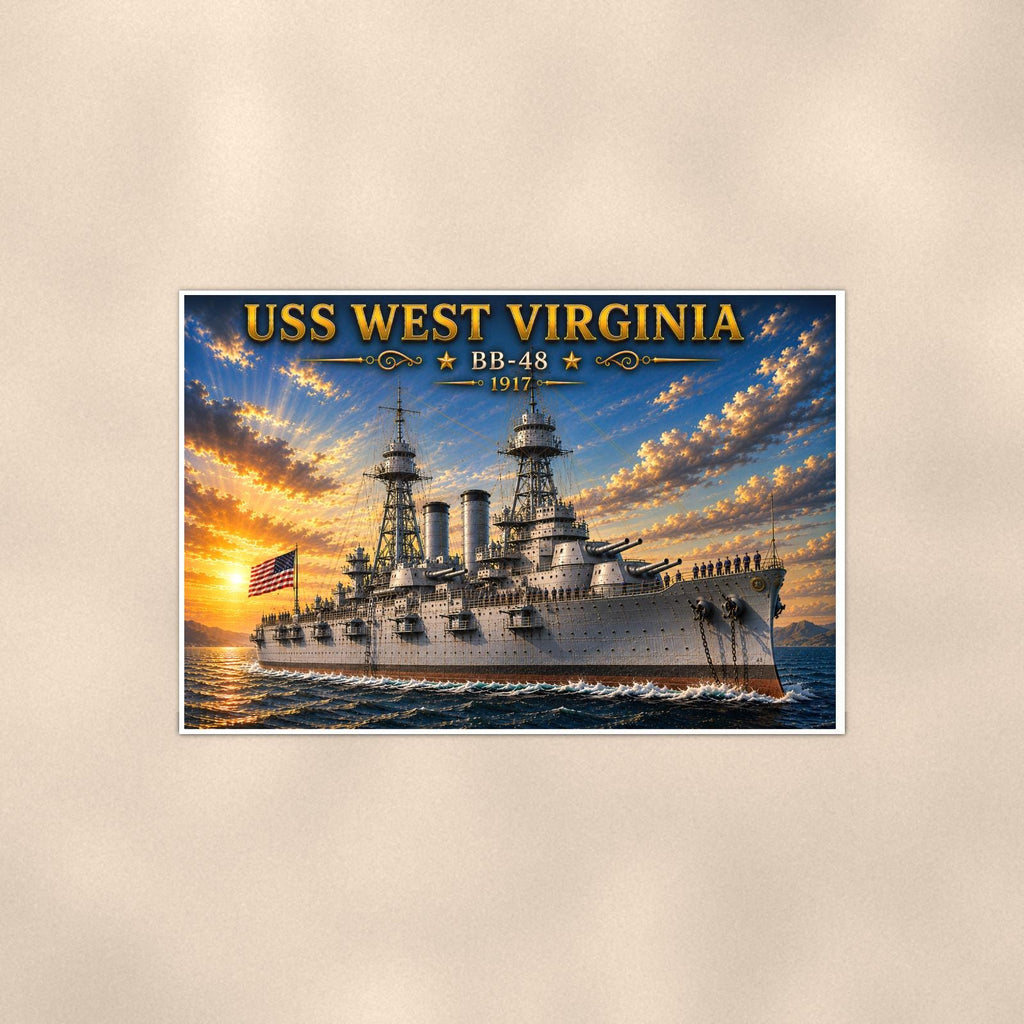 USS West Virginia Battleship — 36x24 in art print poster, premium luster paper with a white border; poster shown straight on against a warm wall.