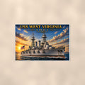 USS West Virginia Battleship — 36x24 in art print poster, premium luster paper with a white border; poster shown straight on against a warm wall.