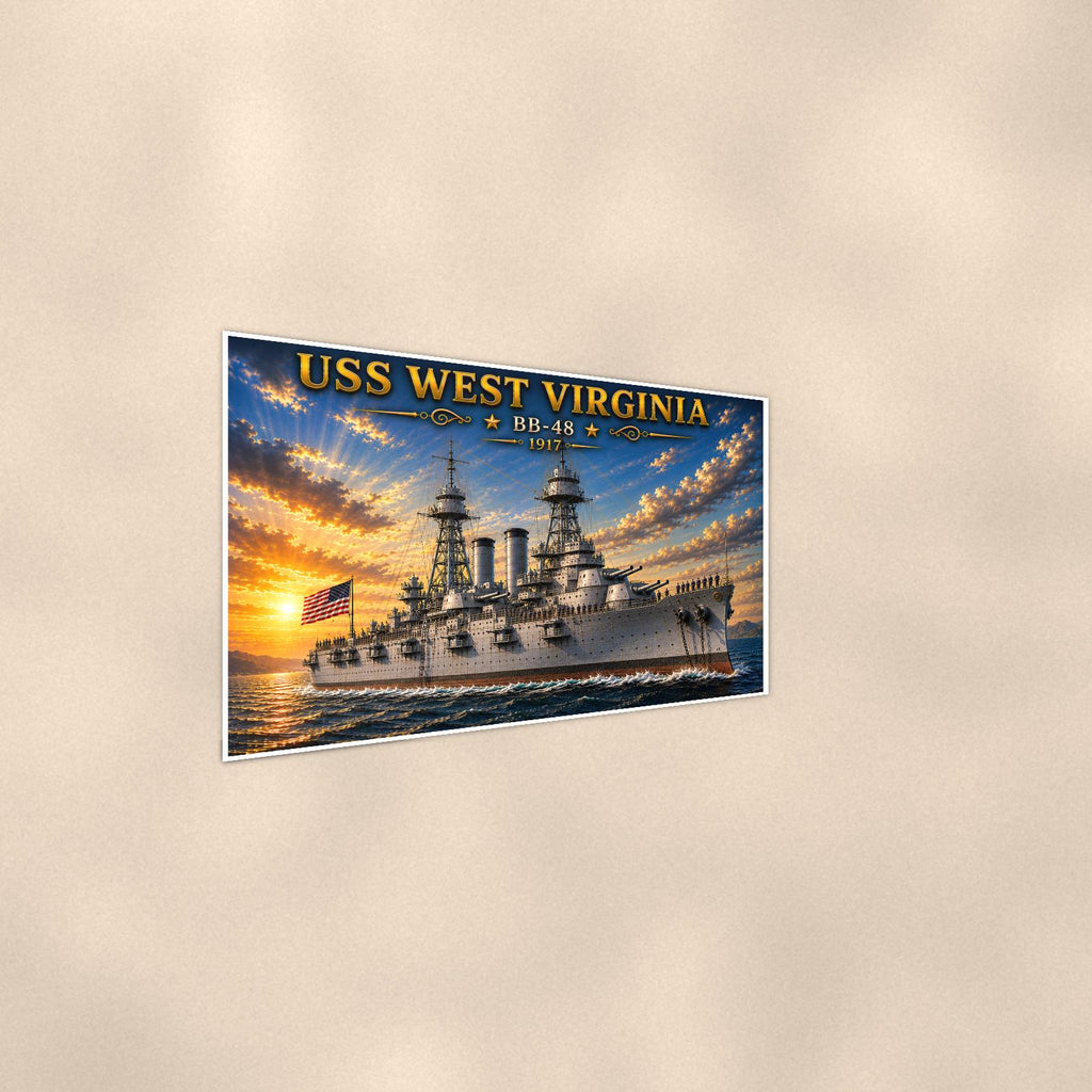 USS West Virginia Battleship — 36x24 in art print poster, premium luster paper with a white border; steeper three-quarter angle on a warm wall, catching the luster sheen.