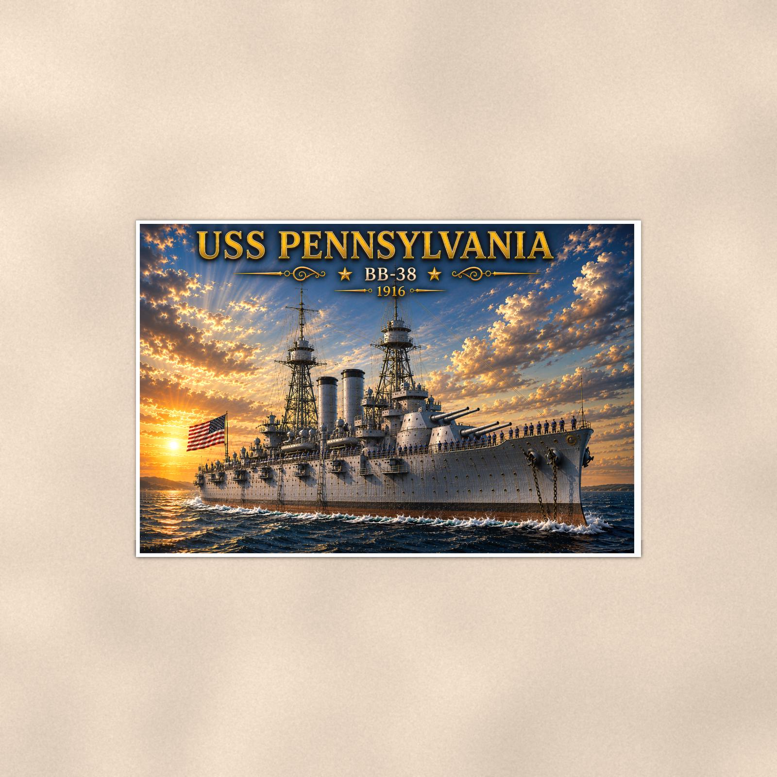 USS Pennsylvania Battleship — 36x24 in art print poster, premium luster paper with a white border; poster shown straight on against a warm wall.