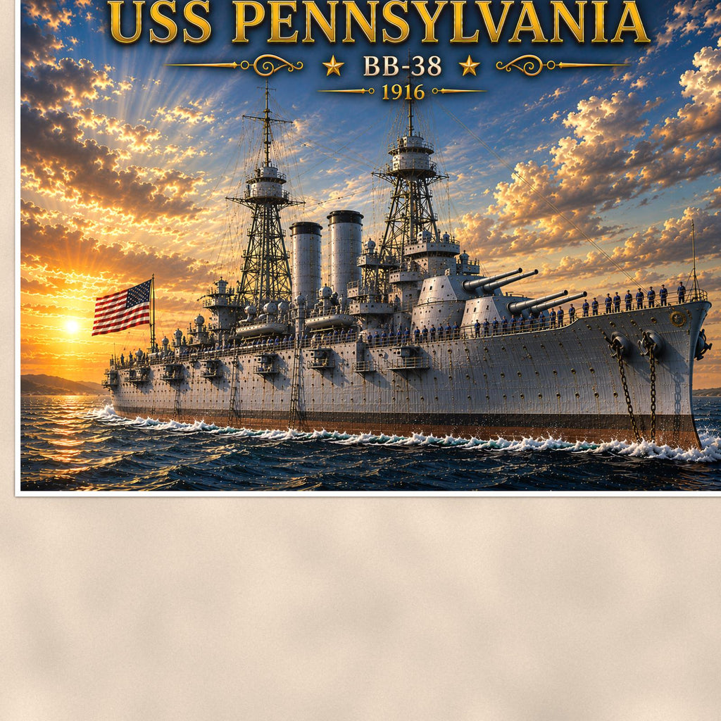 USS Pennsylvania Battleship — 36x24 in art print poster, premium luster paper with a white border; close-up framed on the main subject of the artwork, paper surface visible.