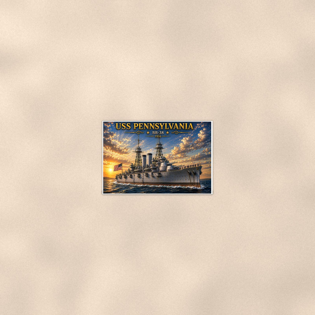 USS Pennsylvania Battleship — 36x24 in art print poster, premium luster paper with a white border; poster seen from further back, at true 24x36 in scale on a warm wall.