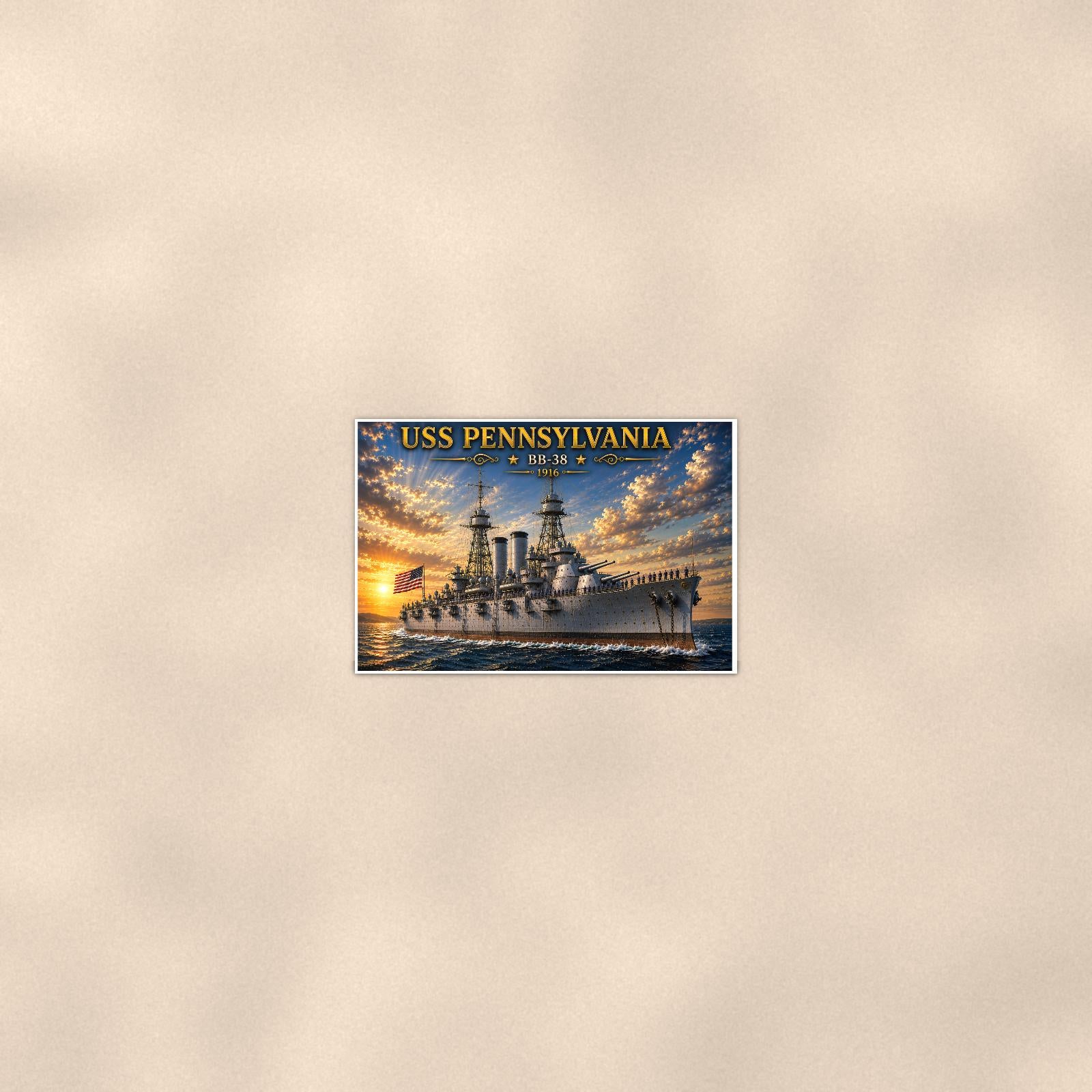 USS Pennsylvania Battleship — 36x24 in art print poster, premium luster paper with a white border; poster seen from further back, at true 24x36 in scale on a warm wall.
