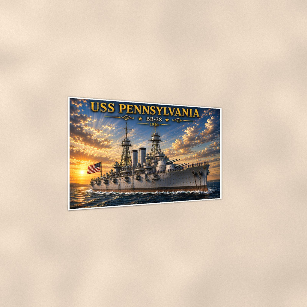USS Pennsylvania Battleship — 36x24 in art print poster, premium luster paper with a white border; gentle three-quarter angle on a warm wall, showing the flat paper edge.