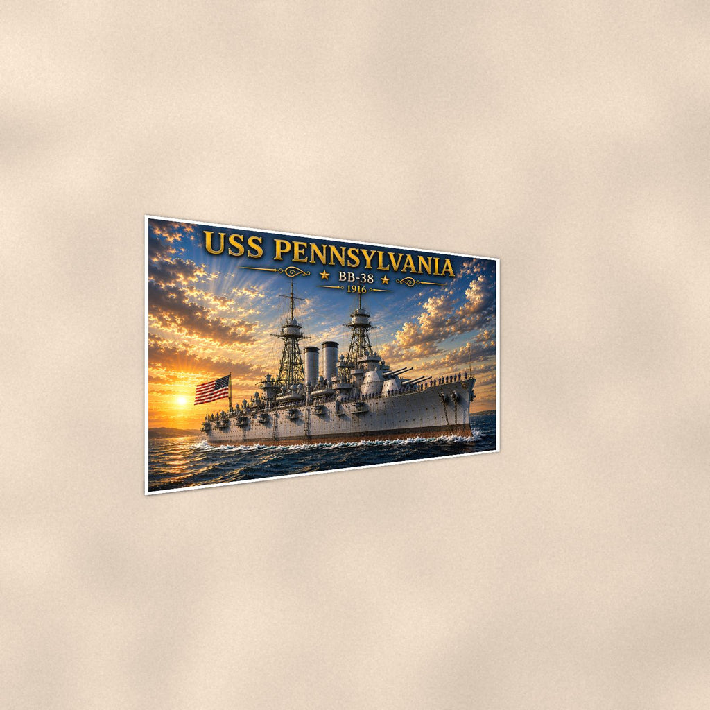 USS Pennsylvania Battleship — 36x24 in art print poster, premium luster paper with a white border; steeper three-quarter angle on a warm wall, catching the luster sheen.