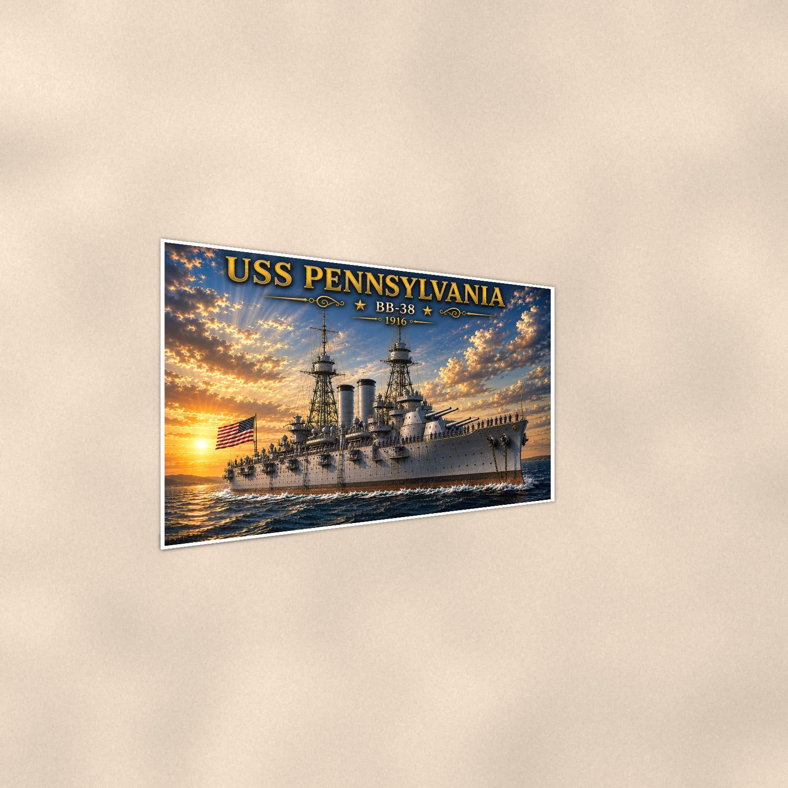 USS Pennsylvania Battleship — 36x24 in art print poster, premium luster paper with a white border; steeper three-quarter angle on a warm wall, catching the luster sheen.