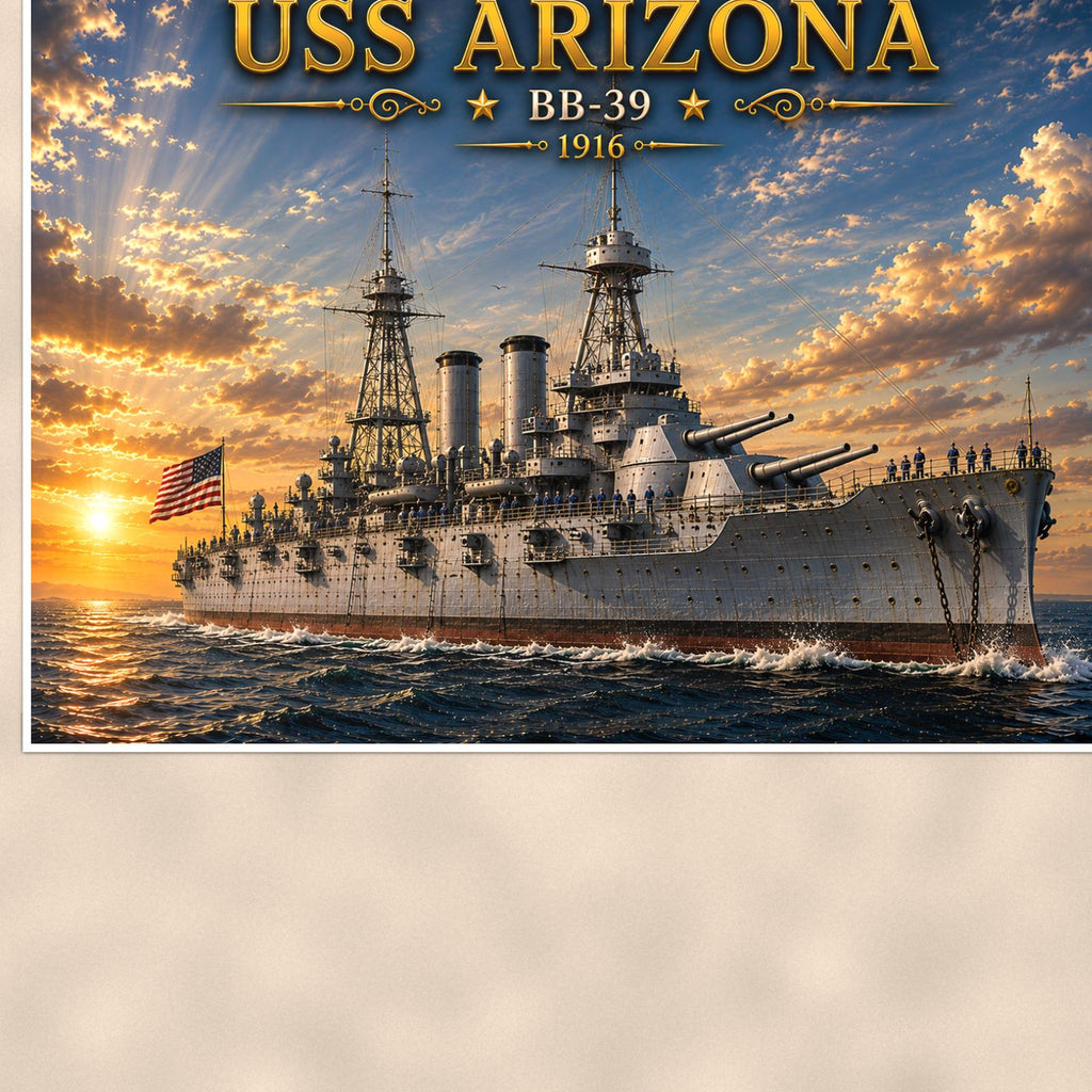USS Arizona Battleship — 36x24 in art print poster, premium luster paper with a white border; close-up framed on the main subject of the artwork, paper surface visible.