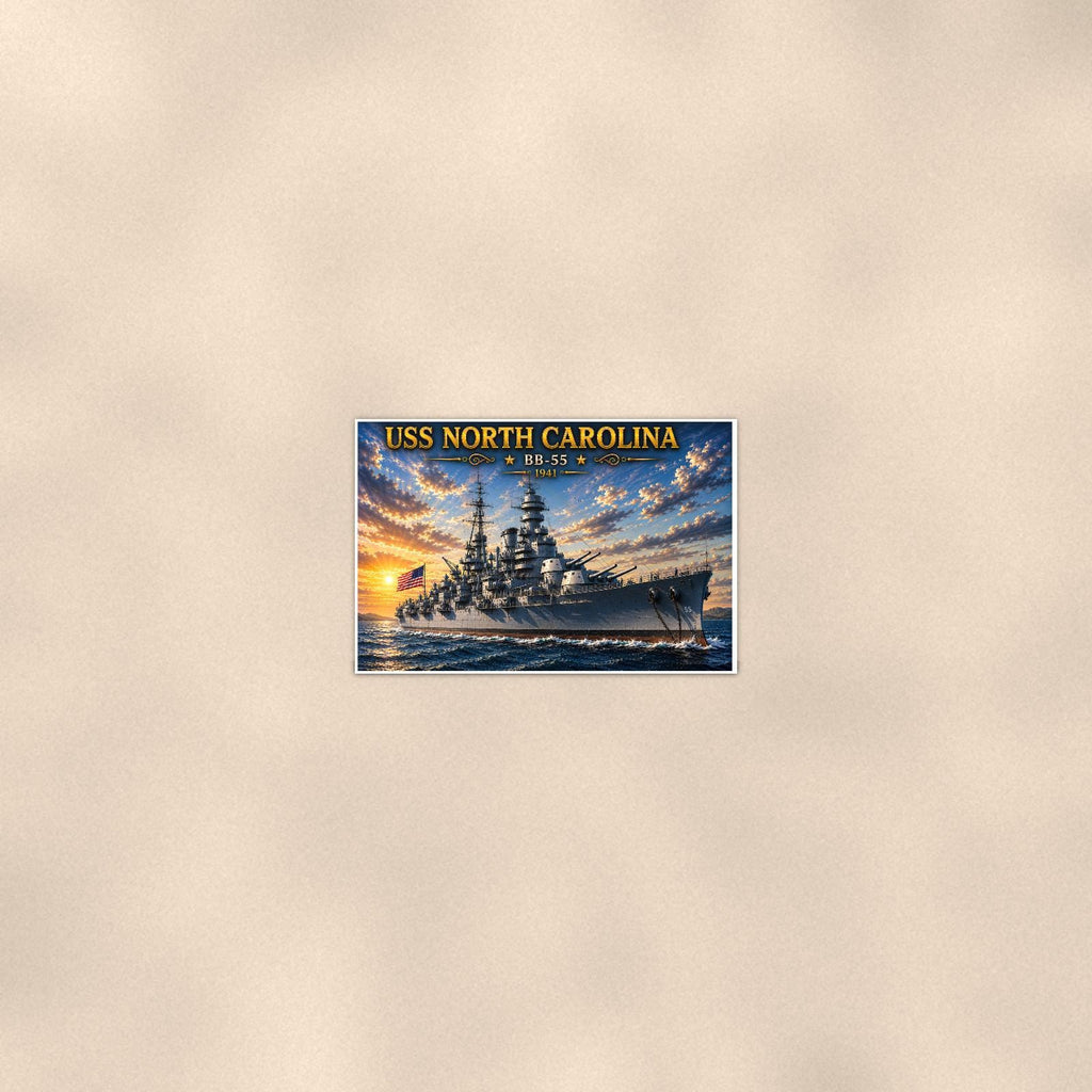 USS North Carolina Battleship — 36x24 in art print poster, premium luster paper with a white border; poster seen from further back, at true 24x36 in scale on a warm wall.