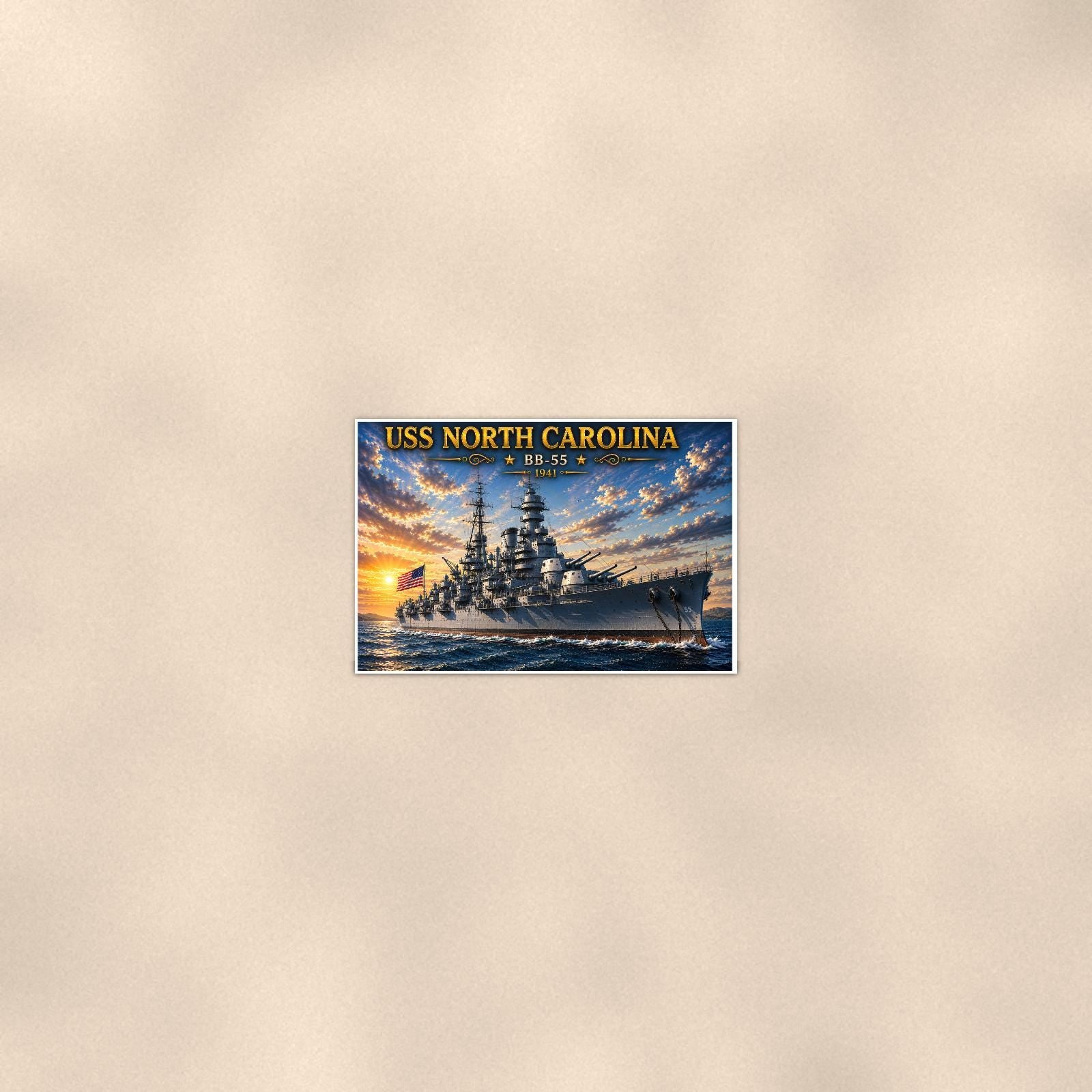USS North Carolina Battleship — 36x24 in art print poster, premium luster paper with a white border; poster seen from further back, at true 24x36 in scale on a warm wall.
