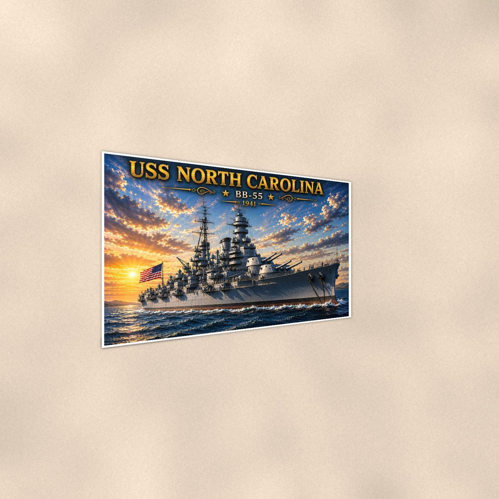 USS North Carolina Battleship — 36x24 in art print poster, premium luster paper with a white border; steeper three-quarter angle on a warm wall, catching the luster sheen.