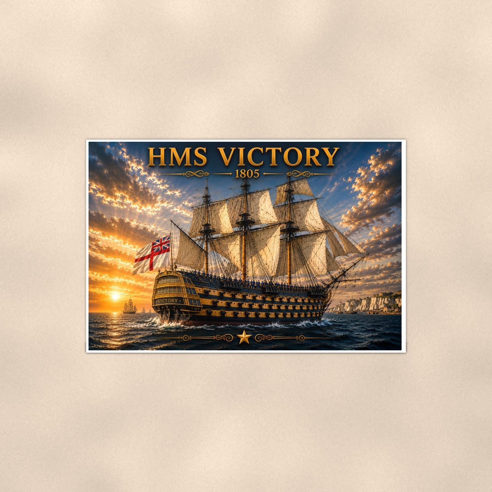 HMS Victory Tall Ship — 36x24 in art print poster, premium luster paper with a white border; poster shown straight on against a warm wall.