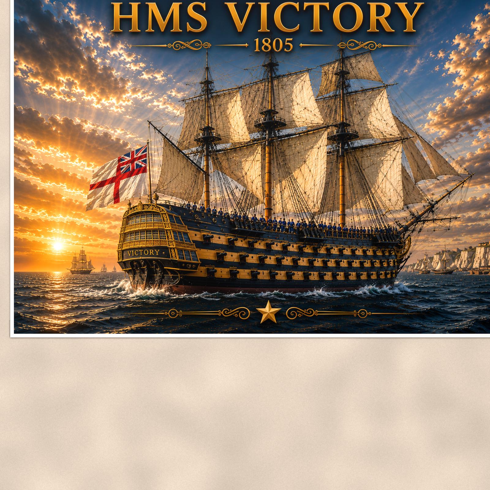 HMS Victory Tall Ship — 36x24 in art print poster, premium luster paper with a white border; close-up framed on the main subject of the artwork, paper surface visible.
