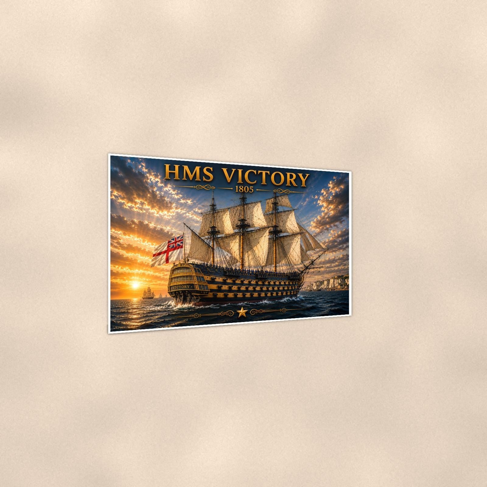 HMS Victory Tall Ship — 36x24 in art print poster, premium luster paper with a white border; gentle three-quarter angle on a warm wall, showing the flat paper edge.